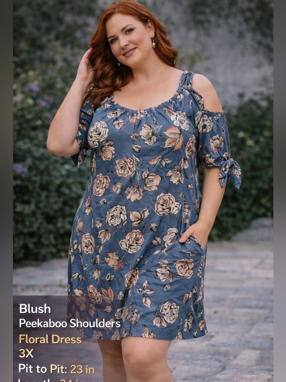 Blush peekaboo shoulders Floral Dress 3X pit to pit 23in length 34in